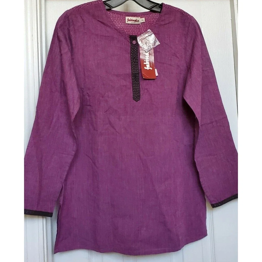 New Fabindia Purple eggplant woven Print Cotton Gota trim Tunic Top shirt sz M